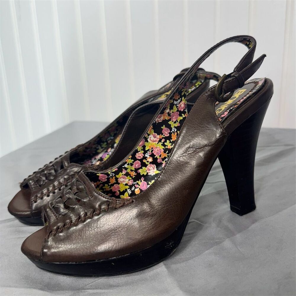 BONGO Brown Peep Toe Slingback Heels Sz 6 | Y2K‎ Floral Lining Retro Platform